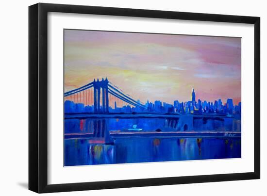 Blue Manhattan Skyline with Bridge and Vanilla Sky-Markus Bleichner-Framed Art Print