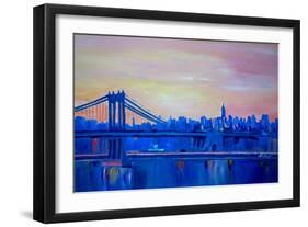 Blue Manhattan Skyline with Bridge and Vanilla Sky-Markus Bleichner-Framed Art Print