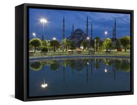 Blue Mosque in Evening, Reflected in Pond, Sultanahmet Square, Istanbul, Turkey, Europe-Martin Child-Framed Stretched Canvas