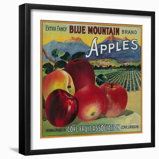 Blue Mountain Apple Crate Label - Cove, OR-Lantern Press-Framed Art Print