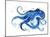 Blue Octopus Silhouette Watercolor Sketch. Wildlife Art Illustration. Watercolor Graphic for Fabric-Tatyana Komtsyan-Mounted Art Print