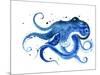 Blue Octopus Silhouette Watercolor Sketch. Wildlife Art Illustration. Watercolor Graphic for Fabric-Tatyana Komtsyan-Mounted Art Print