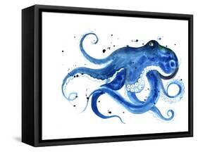 Blue Octopus Silhouette Watercolor Sketch. Wildlife Art Illustration. Watercolor Graphic for Fabric-Tatyana Komtsyan-Framed Stretched Canvas