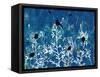 Blue Painted Texture background with White floral and Black Birds and Butterflies-Bee Sturgis-Framed Stretched Canvas