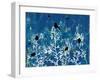 Blue Painted Texture background with White floral and Black Birds and Butterflies-Bee Sturgis-Framed Art Print