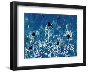 Blue Painted Texture background with White floral and Black Birds and Butterflies-Bee Sturgis-Framed Art Print