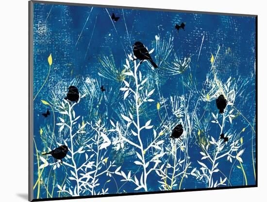 Blue Painted Texture background with White floral and Black Birds and Butterflies-Bee Sturgis-Mounted Art Print