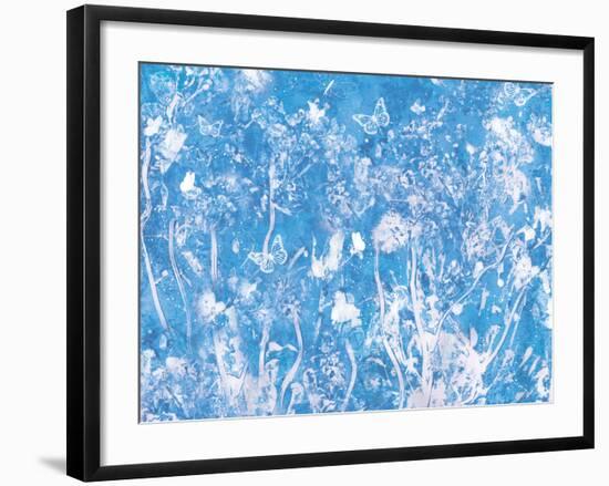 Blue Painted Texture Background with White Floral and butterflies-Bee Sturgis-Framed Giclee Print