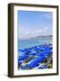 Blue parasols on the beach, Promenade des Anglais, Nice, Alpes Maritimes, Cote d'Azur, Provence, Fr-Fraser Hall-Framed Photographic Print