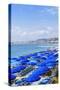 Blue parasols on the beach, Promenade des Anglais, Nice, Alpes Maritimes, Cote d'Azur, Provence, Fr-Fraser Hall-Stretched Canvas