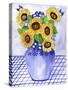 Blue Plaid Ribbions and Sunflowers-Cheryl Bartley-Stretched Canvas