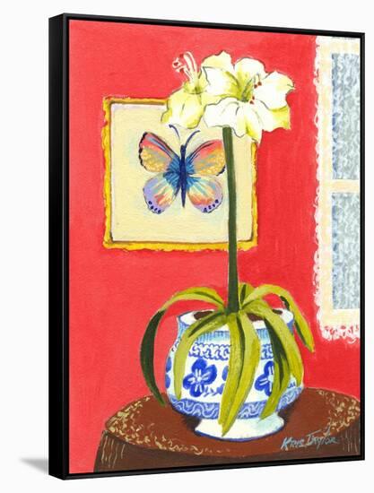 Blue Porcelain with Butterfly-Kris Taylor-Framed Stretched Canvas