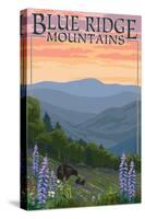 Blue Ridge Mountains - Bear Family and Spring Flowers-Lantern Press-Stretched Canvas