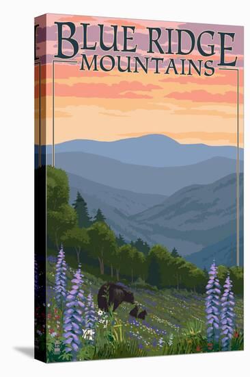 Blue Ridge Mountains - Bear Family and Spring Flowers-Lantern Press-Stretched Canvas