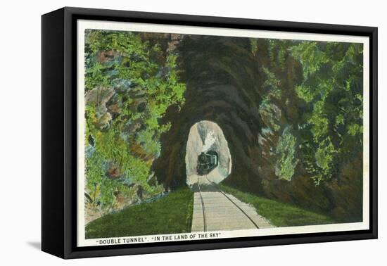 Blue Ridge Mountains, North Carolina - Train in Double Tunnel Scene-Lantern Press-Framed Stretched Canvas