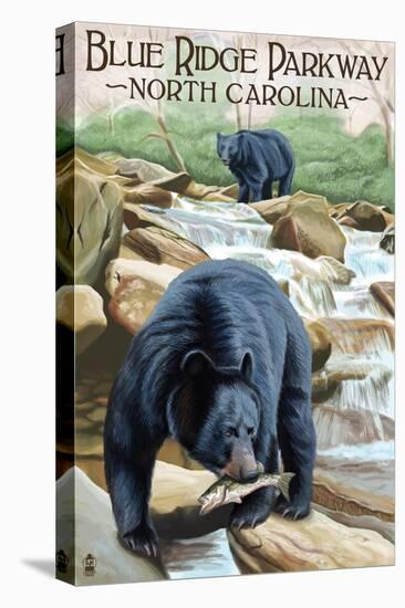 Blue Ridge Parkway, North Carolina - Black Bears Fishing-Lantern Press-Stretched Canvas