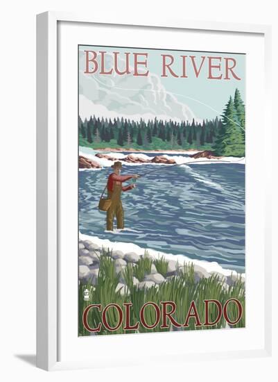 Blue River, Colorado - Fisherman Wading, c.2008-Lantern Press-Framed Art Print