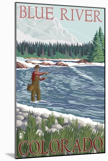 Blue River, Colorado - Fisherman Wading, c.2008-Lantern Press-Mounted Art Print