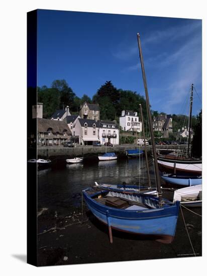 Blue Sailing Dinghy and River Aven, Pont-Aven, Brittany, France-Julian Pottage-Stretched Canvas