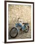 Blue scooter bike by old stone wall, Hvar Town, Hvar Island, Dalmatia, Croatia-Merrill Images-Framed Premium Photographic Print