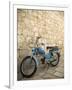 Blue scooter bike by old stone wall, Hvar Town, Hvar Island, Dalmatia, Croatia-Merrill Images-Framed Premium Photographic Print