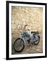 Blue scooter bike by old stone wall, Hvar Town, Hvar Island, Dalmatia, Croatia-Merrill Images-Framed Premium Photographic Print