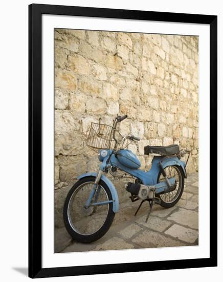 Blue scooter bike by old stone wall, Hvar Town, Hvar Island, Dalmatia, Croatia-Merrill Images-Framed Premium Photographic Print