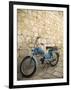 Blue scooter bike by old stone wall, Hvar Town, Hvar Island, Dalmatia, Croatia-Merrill Images-Framed Premium Photographic Print