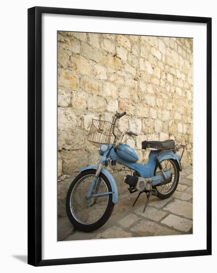 Blue scooter bike by old stone wall, Hvar Town, Hvar Island, Dalmatia, Croatia-Merrill Images-Framed Photographic Print