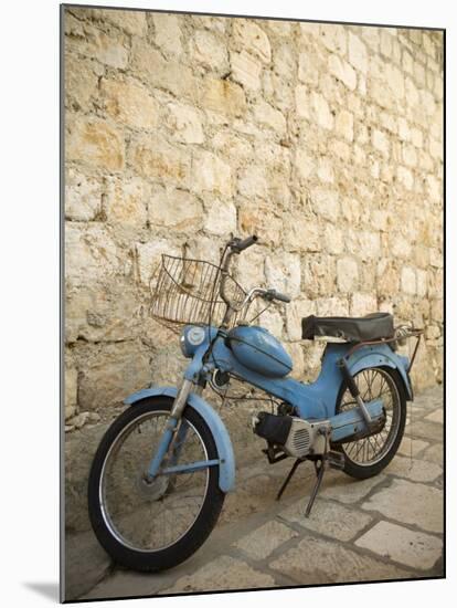 Blue scooter bike by old stone wall, Hvar Town, Hvar Island, Dalmatia, Croatia-Merrill Images-Mounted Photographic Print