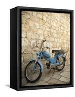 Blue scooter bike by old stone wall, Hvar Town, Hvar Island, Dalmatia, Croatia-Merrill Images-Framed Stretched Canvas