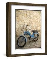 Blue scooter bike by old stone wall, Hvar Town, Hvar Island, Dalmatia, Croatia-Merrill Images-Framed Photographic Print