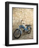 Blue scooter bike by old stone wall, Hvar Town, Hvar Island, Dalmatia, Croatia-Merrill Images-Framed Photographic Print