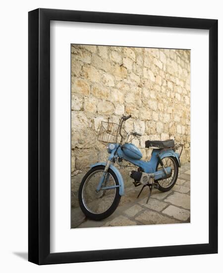 Blue scooter bike by old stone wall, Hvar Town, Hvar Island, Dalmatia, Croatia-Merrill Images-Framed Photographic Print