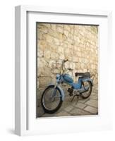 Blue scooter bike by old stone wall, Hvar Town, Hvar Island, Dalmatia, Croatia-Merrill Images-Framed Photographic Print