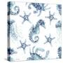 Blue Seahorse Starfish Pattern-Patti Bishop-Stretched Canvas