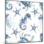 Blue Seahorse Starfish Pattern-Patti Bishop-Mounted Art Print