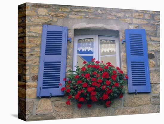 Blue Shuttered Windows and Red Flowers, Concarneau, Finistere, Brittany, France, Europe-Ruth Tomlinson-Stretched Canvas