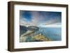 Blue sky and clouds frame the turquoise sea and the typical village, Reinebringen, Moskenesoya, Lof-Roberto Moiola-Framed Photographic Print