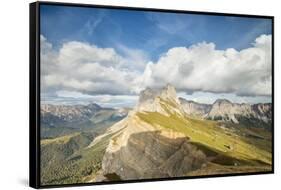 Blue sky and clouds on the rocky peaks of the Odle mountain range seen from Seceda, Val Gardena, Tr-Roberto Moiola-Framed Stretched Canvas