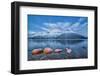 Blue sky at dusk and snowy peaks are reflected in the frozen sea at Oteren Storfjorden Lapland Lyng-ClickAlps-Framed Photographic Print