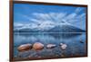 Blue sky at dusk and snowy peaks are reflected in the frozen sea at Oteren Storfjorden Lapland Lyng-ClickAlps-Framed Photographic Print