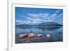 Blue sky at dusk and snowy peaks are reflected in the frozen sea at Oteren Storfjorden Lapland Lyng-ClickAlps-Framed Photographic Print