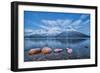 Blue sky at dusk and snowy peaks are reflected in the frozen sea at Oteren Storfjorden Lapland Lyng-ClickAlps-Framed Photographic Print