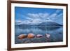 Blue sky at dusk and snowy peaks are reflected in the frozen sea at Oteren Storfjorden Lapland Lyng-ClickAlps-Framed Photographic Print