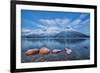 Blue sky at dusk and snowy peaks are reflected in the frozen sea at Oteren Storfjorden Lapland Lyng-ClickAlps-Framed Photographic Print