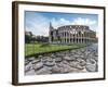 Blue sky at sunrise frames the ancient Colosseum (Flavian Amphitheatre), UNESCO World Heritage Site-Roberto Moiola-Framed Photographic Print