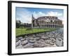 Blue sky at sunrise frames the ancient Colosseum (Flavian Amphitheatre), UNESCO World Heritage Site-Roberto Moiola-Framed Photographic Print