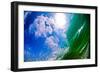 Blue Sky-puffy white clouds, blue sky, and sun in the sky seen through the curtain of a wave-Mark A Johnson-Framed Photographic Print