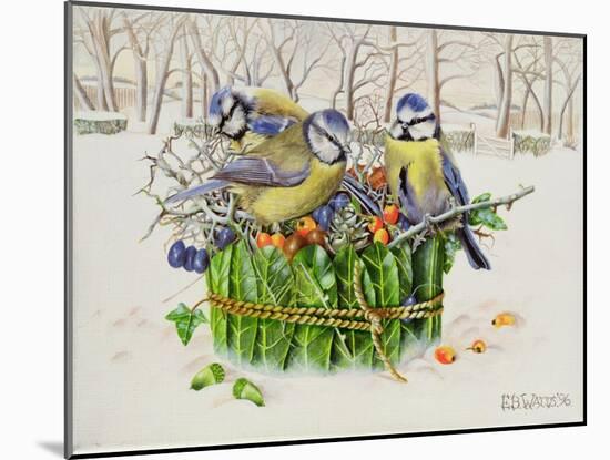 Blue Tits in Leaf Nest, 1996-E.B. Watts-Mounted Giclee Print